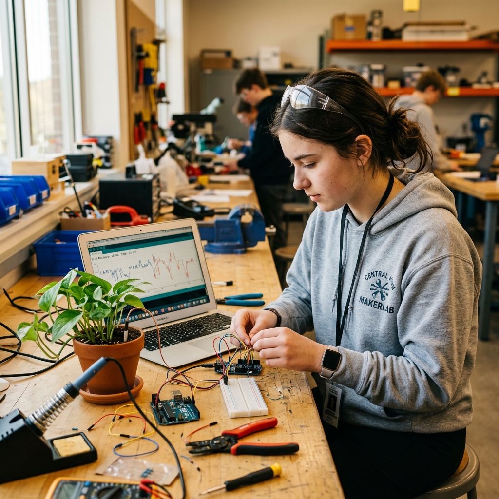 Student building garden sensor prototype