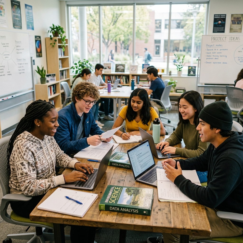 Students collaborating on AI research project
