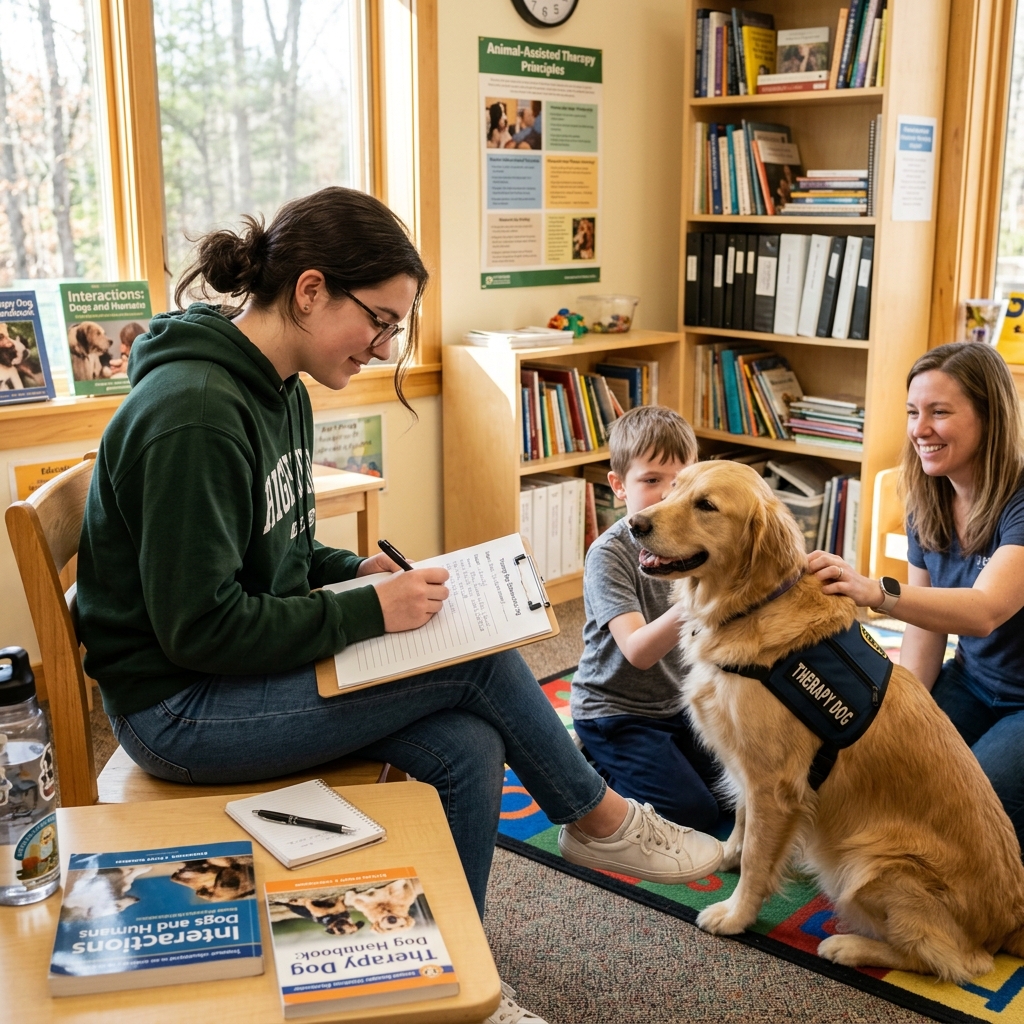 Student conducting animal-assisted therapy research